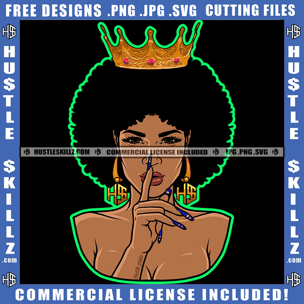 African American Lady Queen Woman Crown Hustler Gold Earring Afro Puff Hairstyle Pointing Finger Blue Fingernails Stop Sign Logo Hustle Skillz SVG PNG JPG Vector Cut Files Silhouette Cricut