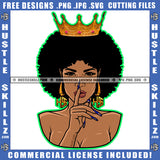 African American Lady Queen Woman Crown Hustler Gold Earring Afro Puff Hairstyle Pointing Finger Blue Fingernails Stop Sign Logo Hustle Skillz SVG PNG JPG Vector Cut Files Silhouette Cricut