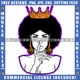 Queen Woman Black And White Design Crown Hustler Gold Earring Afro Puff Hairstyle Pointing Finger Blue Fingernails Stop Sign Logo Hustle Skillz SVG PNG JPG Vector Cut Files Silhouette Cricut