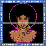 Melanin Woman Hustler Gold Earring Afro Puff Hairstyle Pointing Finger Blue Fingernails Stop Sign Logo Hustle Skillz SVG PNG JPG Vector Cut Files Silhouette Cricut