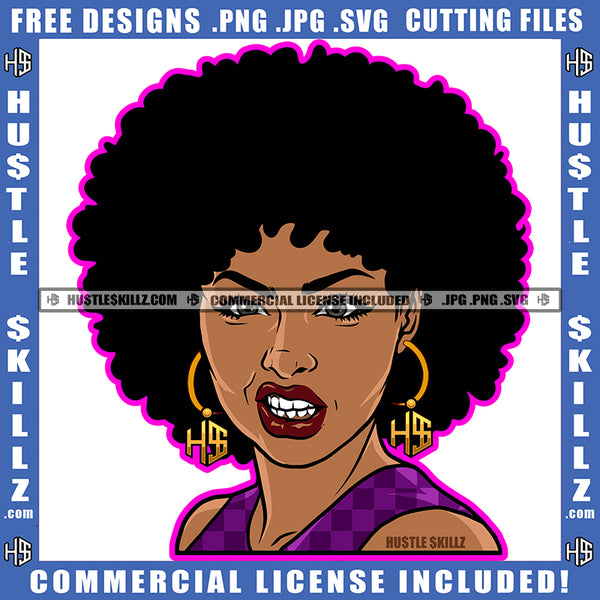 African American Lady Hustler Gold Earring Afro Puff Hairstyle Savage Logo Hustle Skillz SVG PNG JPG Vector Cut Files Silhouette Cricut