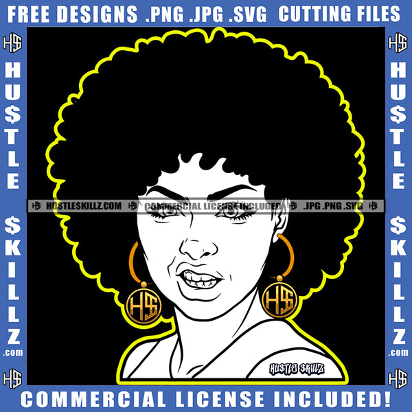 Melanin Woman Black And White Design Hustler Gold Earring Afro Puff Hairstyle Savage Logo Hustle Skillz SVG PNG JPG Vector Cut Files Silhouette Cricut