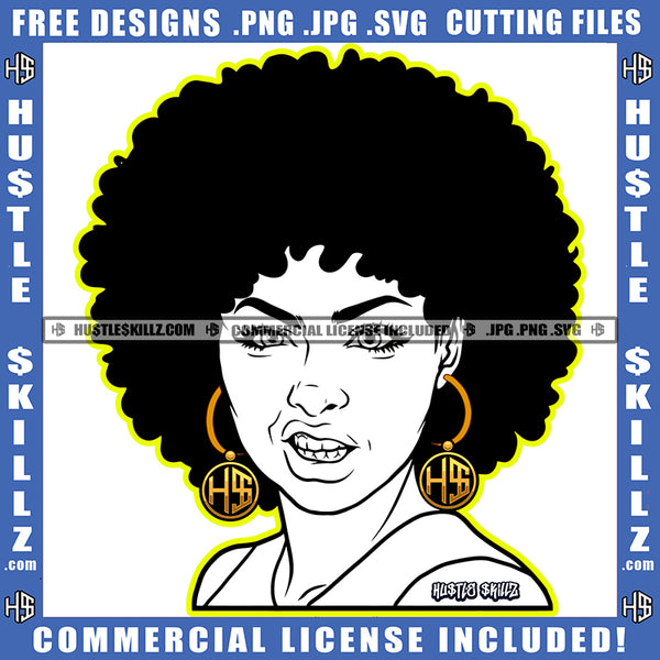 Melanin Woman Black And White Design Hustler Gold Earring Afro Puff Hairstyle Savage Logo Hustle Skillz SVG PNG JPG Vector Cut Files Silhouette Cricut