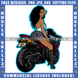 Afro Girl Riding Motorcycle Sport Bike Speed Vehicle Transportation Motorbike Sexy Melanin Logo Hustle Skillz SVG PNG JPG Vector Cut Files Silhouette Cricut