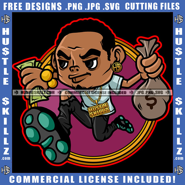 Man Running Hold Money Bag Cash Dollar Bills Bank Showing Off Bags Hustler Earring Gold Chain Logo Hustle Skillz SVG PNG JPG Vector Cut Files Silhouette Cricut