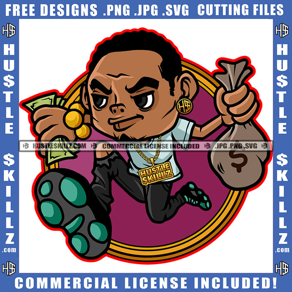 Man Running Hold Money Bag Cash Dollar Bills Bank Showing Off Bags Hustler Earring Gold Chain Logo Hustle Skillz SVG PNG JPG Vector Cut Files Silhouette Cricut