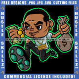 Man Cartoon Character Running Hold Money Cash Dollar Bag Cash Dollar Bills Bank Business Hustler Earring Gold Chain Logo Hustle Skillz SVG PNG JPG Vector Cut Files Silhouette Cricut