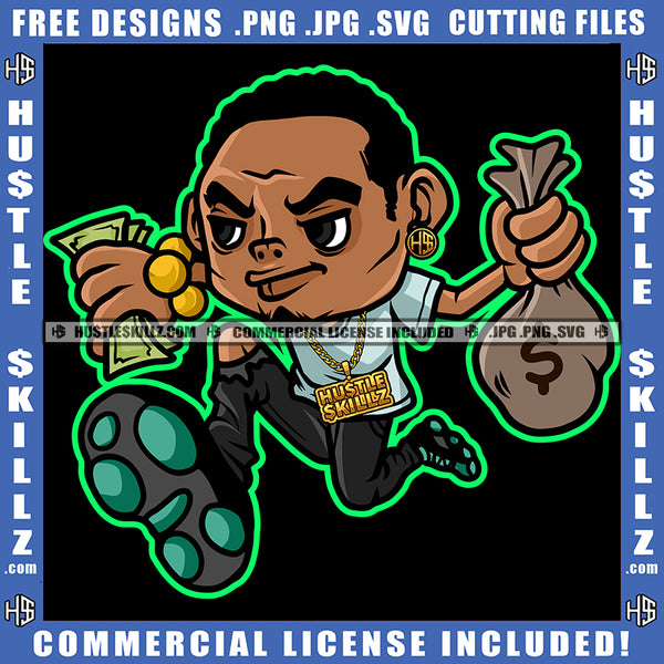 Man Cartoon Character Running Hold Money Cash Dollar Bag Cash Dollar Bills Bank Business Hustler Earring Gold Chain Logo Hustle Skillz SVG PNG JPG Vector Cut Files Silhouette Cricut