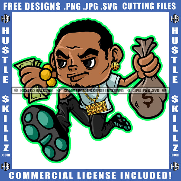 Man Cartoon Character Running Hold Money Cash Dollar Bag Cash Dollar Bills Bank Business Hustler Earring Gold Chain Logo Hustle Skillz SVG PNG JPG Vector Cut Files Silhouette Cricut