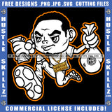 Cartoon Character Black And White Design Man Running Hold Money Cash Dollar Bag Cash Dollar Bills Bank Business Hustler Earring Gold Chain Logo Hustle Skillz SVG PNG JPG Vector Cut Files Silhouette Cricut