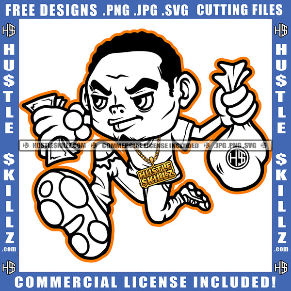 Cartoon Character Black And White Design Man Running Hold Money Cash Dollar Bag Cash Dollar Bills Bank Business Hustler Earring Gold Chain Logo Hustle Skillz SVG PNG JPG Vector Cut Files Silhouette Cricut