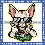 Gangster Cat Gold Chain White with Pink Ears Dark Sunglasses Eating Hustler Money Kitten Knife Fork Dollar Bills Logo Hustle Skillz SVG PNG JPG Vector Cut Files Silhouette Cricut