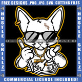 Gangster Cat Black And White Design Eating Hustler Money Kitten Knife Fork Dollar Bills Gold Chain White with Pink Ears Dark Sunglasses Logo Hustle Skillz SVG PNG JPG Vector Cut Files Silhouette Cricut