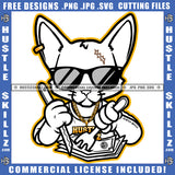 Gangster Cat Black And White Design Eating Hustler Money Kitten Knife Fork Dollar Bills Gold Chain White with Pink Ears Dark Sunglasses Logo Hustle Skillz SVG PNG JPG Vector Cut Files Silhouette Cricut