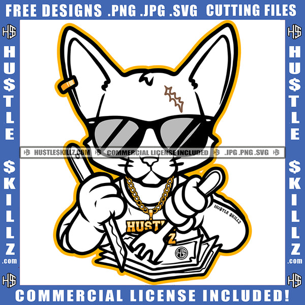 Gangster Cat Black And White Design Eating Hustler Money Kitten Knife Fork Dollar Bills Gold Chain White with Pink Ears Dark Sunglasses Logo Hustle Skillz SVG PNG JPG Vector Cut Files Silhouette Cricut