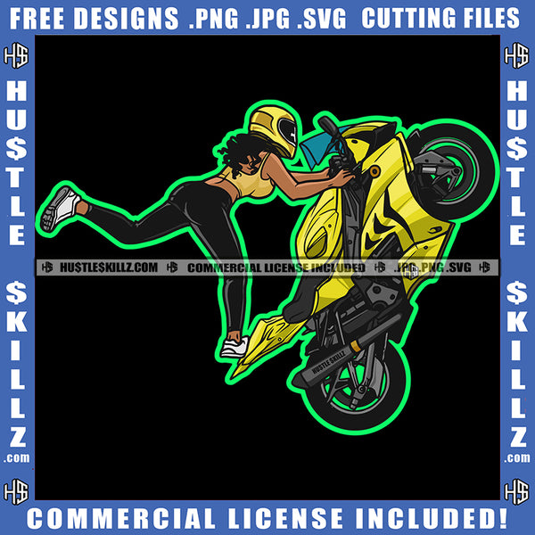 Female Superbike Freestyle Motorbike Girl On The Rear Wheel Yellow Helmet Riding Speed Biker Ride Vehicle Logo Hustle Skillz SVG PNG JPG Vector Cut Files Silhouette Cricut