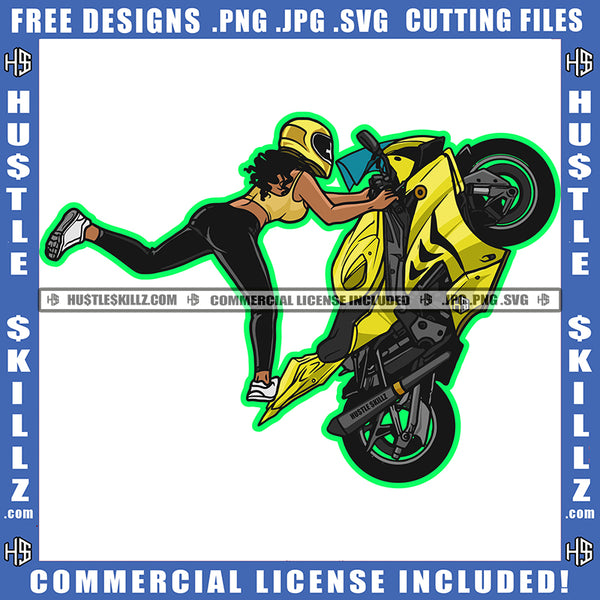 Female Superbike Freestyle Motorbike Girl On The Rear Wheel Yellow Helmet Riding Speed Biker Ride Vehicle Logo Hustle Skillz SVG PNG JPG Vector Cut Files Silhouette Cricut